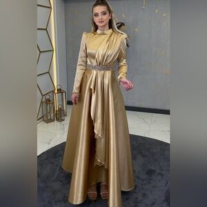 Long Sleeve Gold Satin Evening Gown with Embellished Waist NWT